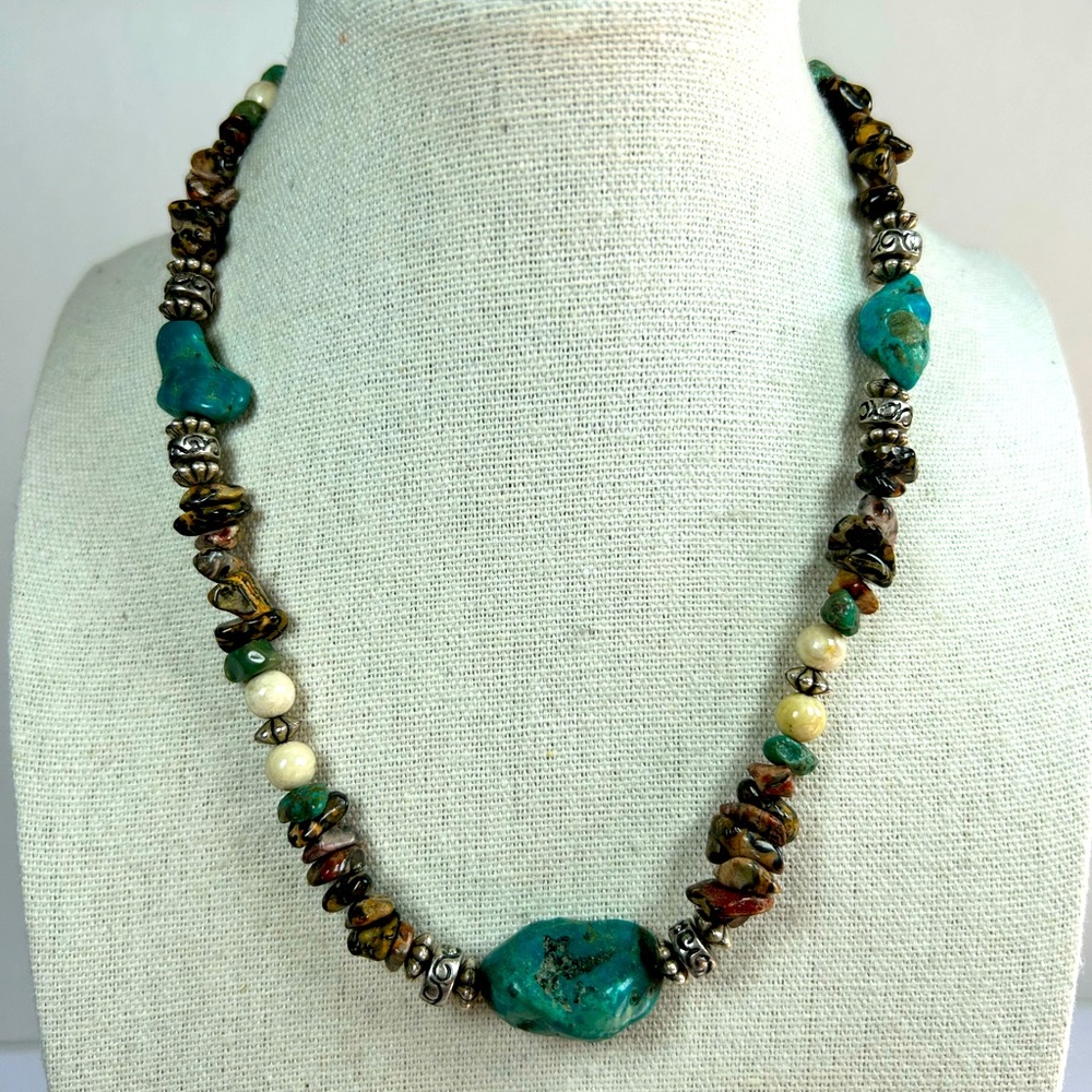 Vintage Turquoise Beads Leopard Jasper Agate Silver Tone Spacers Necklace Choker
